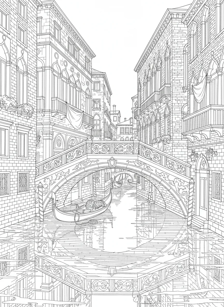 Coloriage adulte moyen canal vénitien ponts gondoles Venise romantique architecture PDF